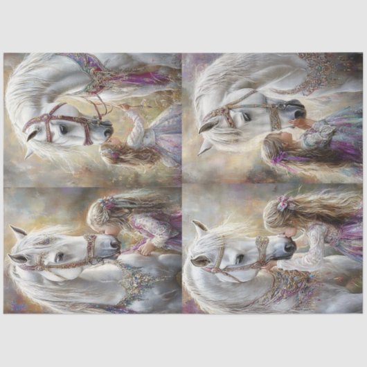 Decoupage grillige witte paard versierd & meisje tissuepapier (Voorkant)