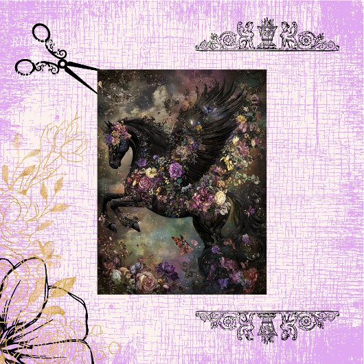 Decoupage grillige zwarte paard ingewikkelde bloem tissuepapier