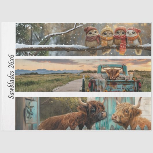 Decoupage Handsaw Papers Owl, Highland Cow, Farm  Tissuepapier (Voorkant)