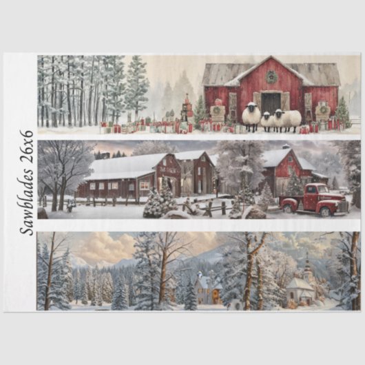 Decoupage Handsaw Papers Red Barn, Church, Truck  Tissuepapier (Voorkant)