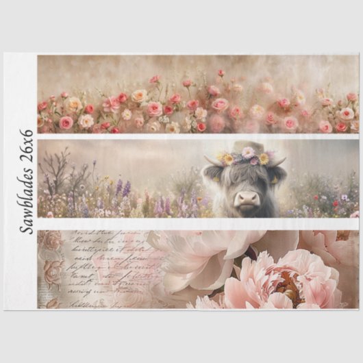 Decoupage Handzaag Ontwerp Roos, Pioen, Koe Tissuepapier (Voorkant)