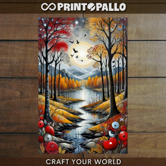 Decoupage - Herfstbos, rivier en de maan - Tissuepapier