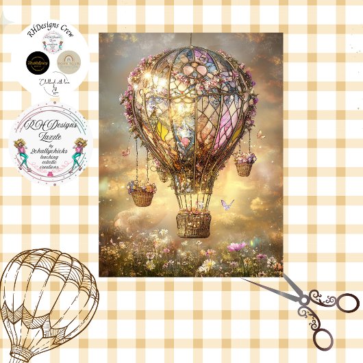 Decoupage Hete Luchtballon Glas in lood Bloemen Tissuepapier