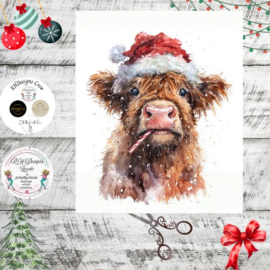 Decoupage Highland Calf Santa Hat Candy Cane Snow  Tissuepapier