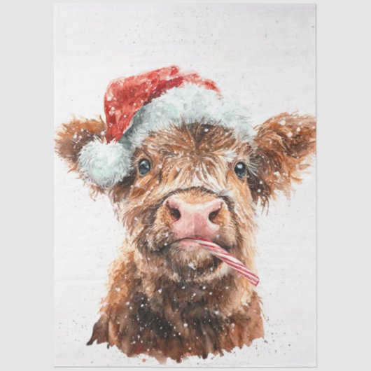 Decoupage Highland Calf Santa Hat Candy Cane Tissuepapier (Voorkant)
