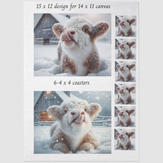 Decoupage Highland Calf Snow 11x14 Canvas Coasters Tissuepapier (Voorkant)