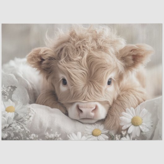 Decoupage Highland Calf White Daisies Tissuepapier (Voorkant)