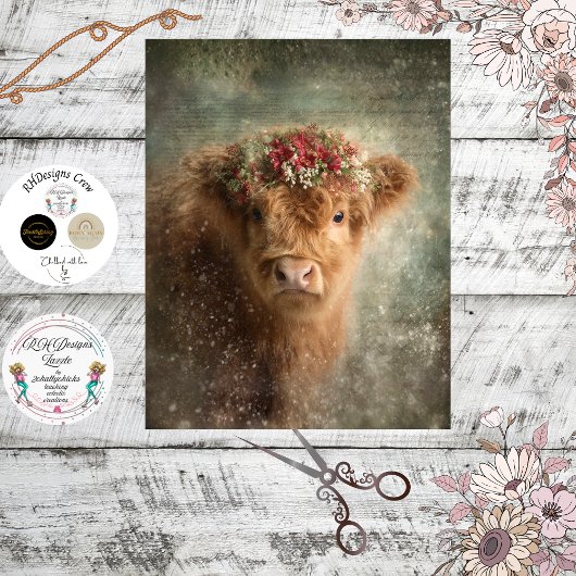 Decoupage Highland Calf Winter Floral Art  Tissuepapier