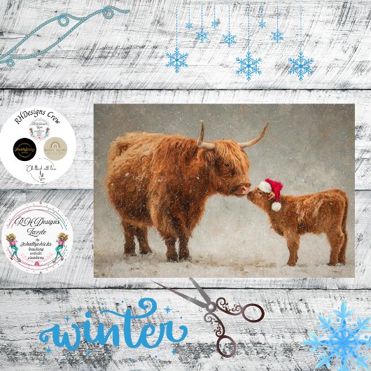 Decoupage Highland Cow Calf Kissing in the Snow Tissuepapier