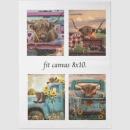 Decoupage Highland Cow Truck 8 x 10 Canvas Tissuepapier