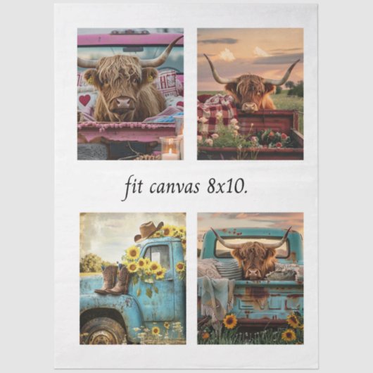 Decoupage Highland Cow Truck 8 x 10 Canvas Tissuepapier (Voorkant)