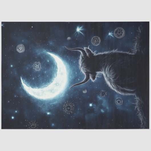 Decoupage Highland Kalf Sitting Hill met in de hoo Tissuepapier (Voorkant)