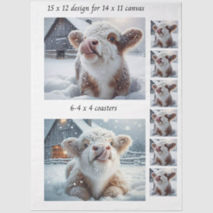 Decoupage Highland Kalf Sneeuw 11x14 Canvas Onderz Tissuepapier