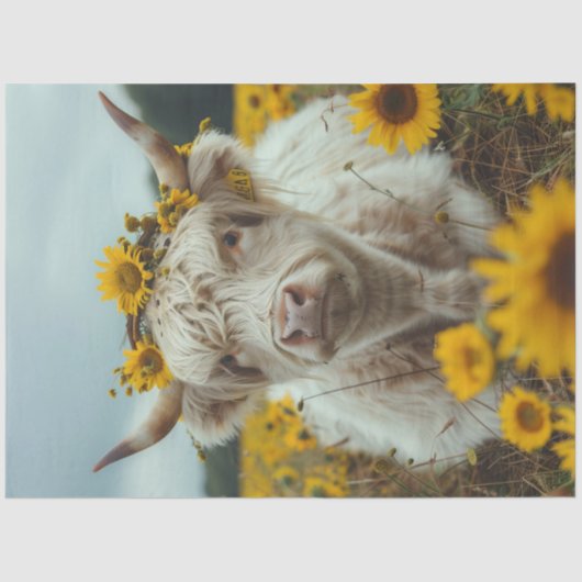 Decoupage Highland Koe Field Zonnebloemen Tissuepapier (Voorkant)