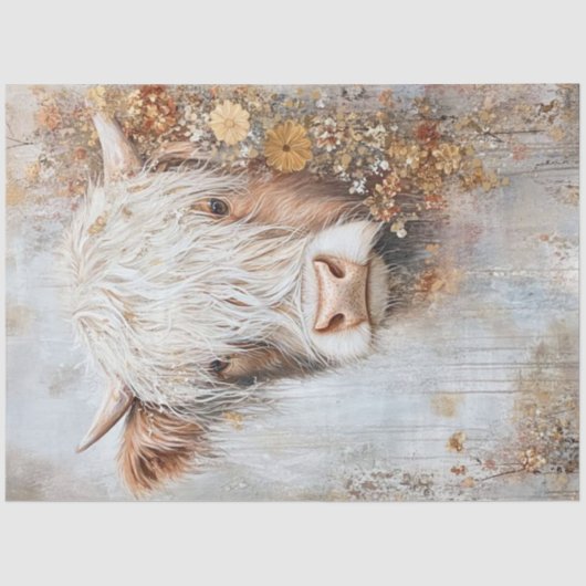 Decoupage Highland Koe Hazel Wildflowers Tissuepapier (Voorkant)