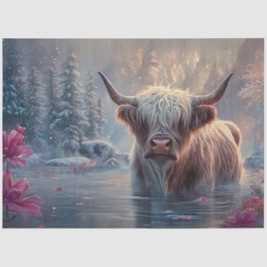 Decoupage Highland Koe in Pond Pink Flowers Tissuepapier (Voorkant)