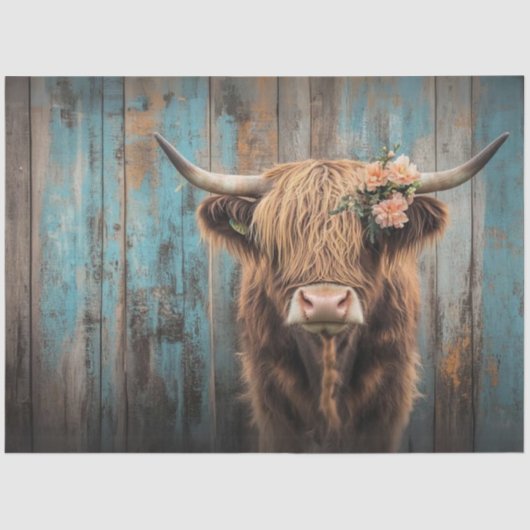 Decoupage Highland Koe Shaggy Fur Verweerde Omhein Tissuepapier (Voorkant)