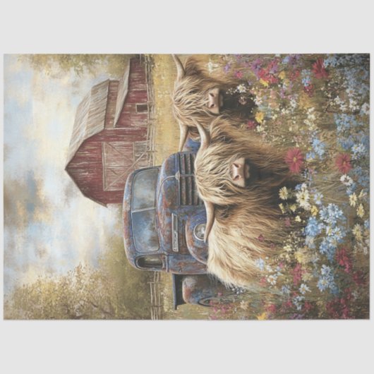 Decoupage Highland Koeien Blue Truck Red Barn Tissuepapier (Voorkant)