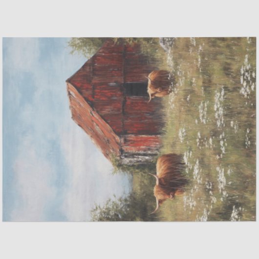 Decoupage Highland Koeien in Wildflowers Rustic Ba Tissuepapier (Voorkant)