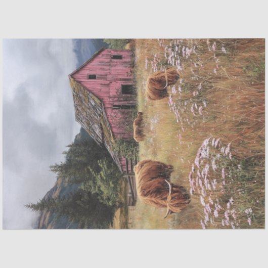 Decoupage Highland Koeien Lush Fields Roze Schuur Tissuepapier (Voorkant)