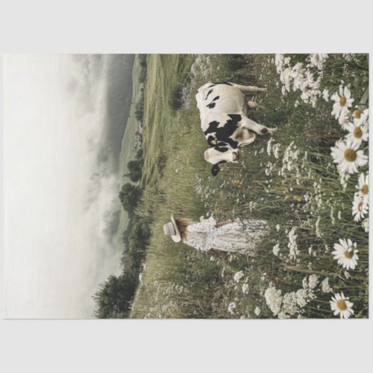 Decoupage Holstein Koe & Meisje in Field Wildflowe Tissuepapier (Voorkant)