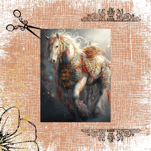 Decoupage ingewikkelde witte paard en versieringen tissuepapier