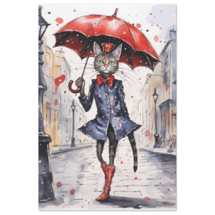 Decoupage Kat met rode paraplu waling in de regen Tissuepapier