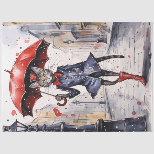 Decoupage Kat met rode paraplu waling in de regen Tissuepapier (Voorkant)