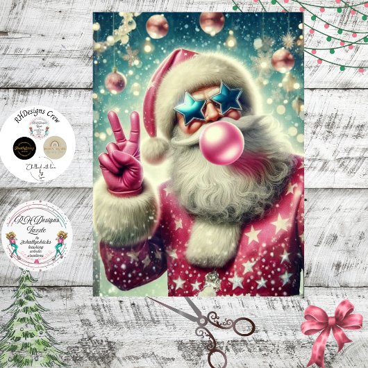 Decoupage Kerstman die Bubble Gum blaast in Roze Tissuepapier