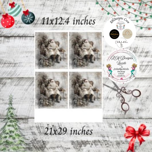 Decoupage  Kerstman in de stoel rond de boom Tissuepapier