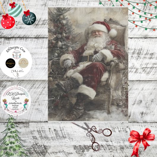 Decoupage  Kerstman in  Stoel Tissuepapier