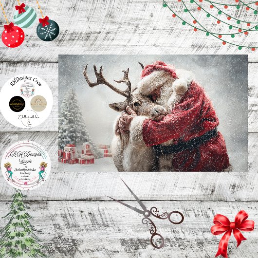 Decoupage Kerstman & Rudolph biddend op kerstavond Tissuepapier