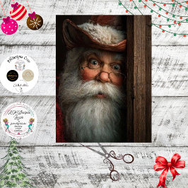 Decoupage Kerstman verrast gluurend rond de deur Tissuepapier