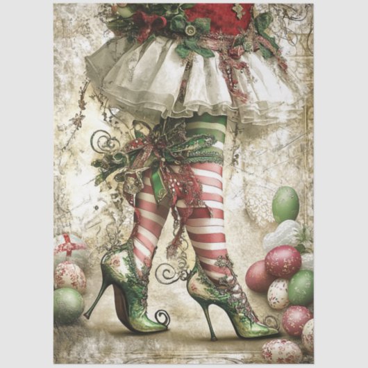 Decoupage Kerstmis Elf Legs White Stocking Tissuepapier (Voorkant)