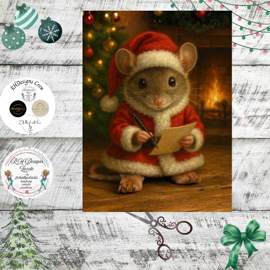 Decoupage Kerstmuis Schrijft een Brief Tissuepapier