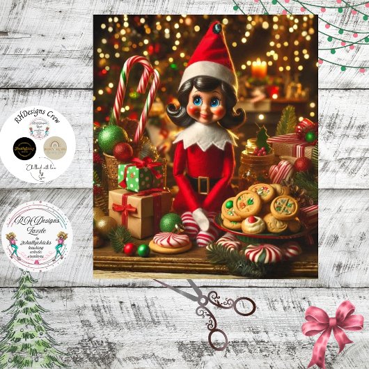 Decoupage Kerststok Elf Zoete Dame Tissuepapier