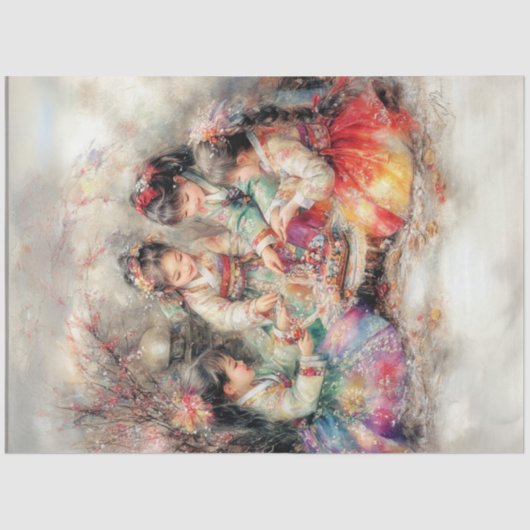 Decoupage Koreaanse kinderen gekleed in Hanbok Tissuepapier (Voorkant)