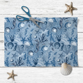 Decoupage kuststrand blauwe oceaan tissuepapier