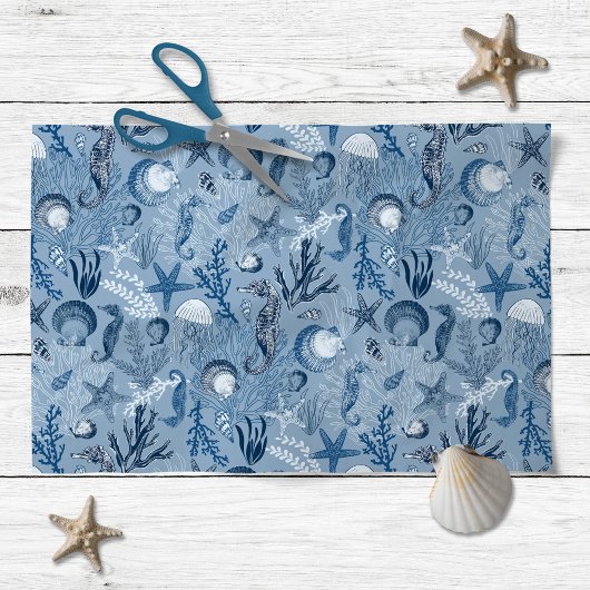 Decoupage kuststrand blauwe oceaan tissuepapier