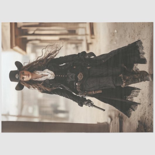 Decoupage Lady Sheriff in zwarte Westerne stijl Tissuepapier (Voorkant)