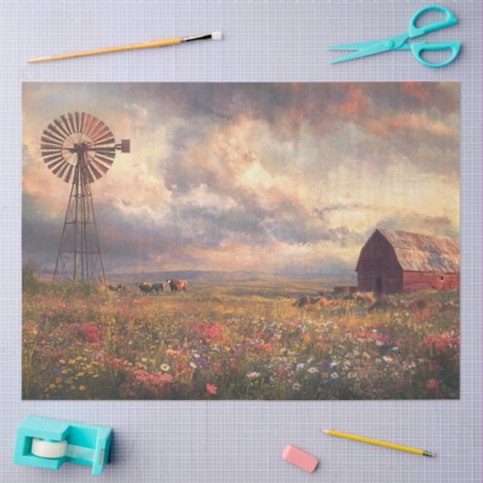 Decoupage Landschap Windmolen Rode Schuur Wildflow Tissuepapier (Craft)