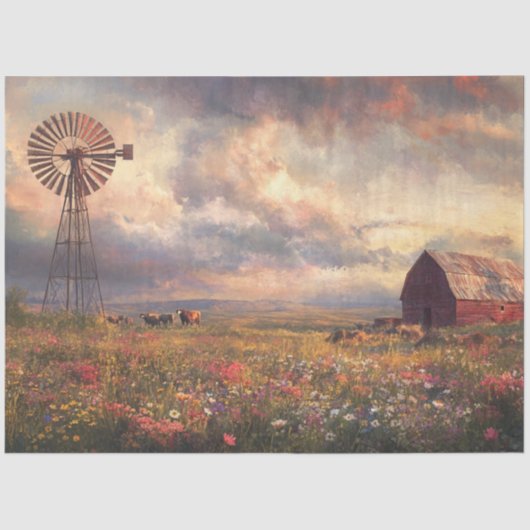 Decoupage Landschap Windmolen Rode Schuur Wildflow Tissuepapier (Voorkant)