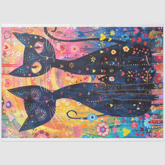 Decoupage Levendig Roze Geel Blauw Katten Art Stuk Tissuepapier (Voorkant)