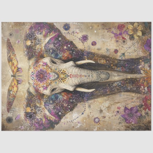 Decoupage Levendige Olifant Kleurrijke Bloemen Tissuepapier (Voorkant)