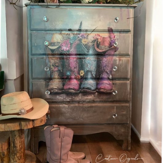 Decoupage Levendige Westerne Laarzen Roze Turquois Tissuepapier