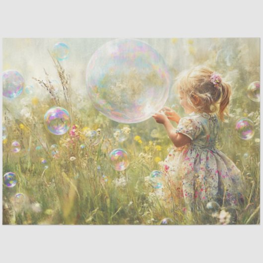 Decoupage Lil Girl Chasing Bubbles Field bij Bloem Tissuepapier (Voorkant)