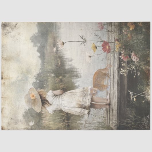 Decoupage Lil Girl Straw Pet Dock van Lake & Cat Tissuepapier (Voorkant)