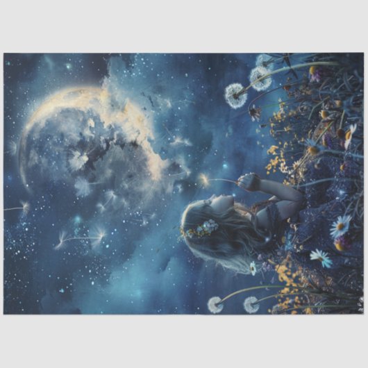 Decoupage Little Girl Field Paardebloemen & Maan Tissuepapier (Voorkant)