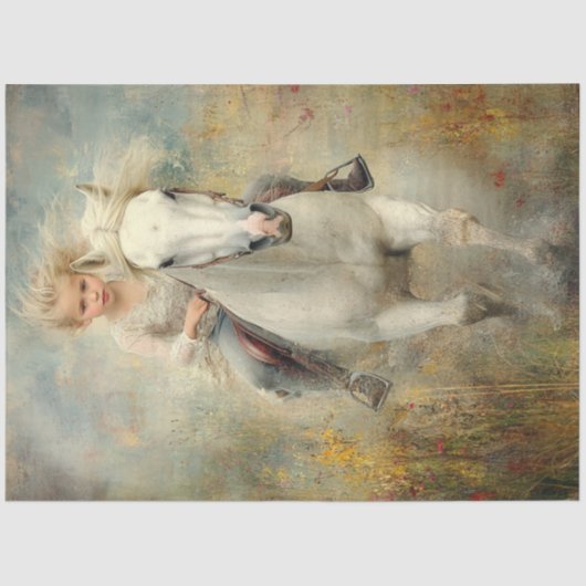 Decoupage Little Girl Witte Paard Veld Bloemen Tissuepapier (Voorkant)