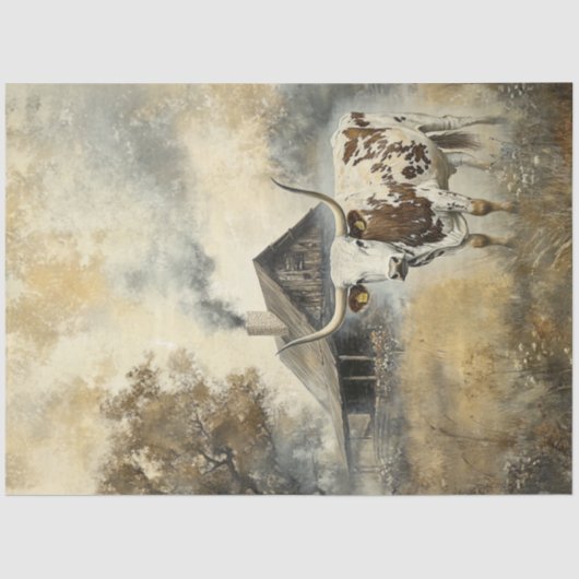 Decoupage Longhorn Houten Cabin in Field Tissuepapier (Voorkant)